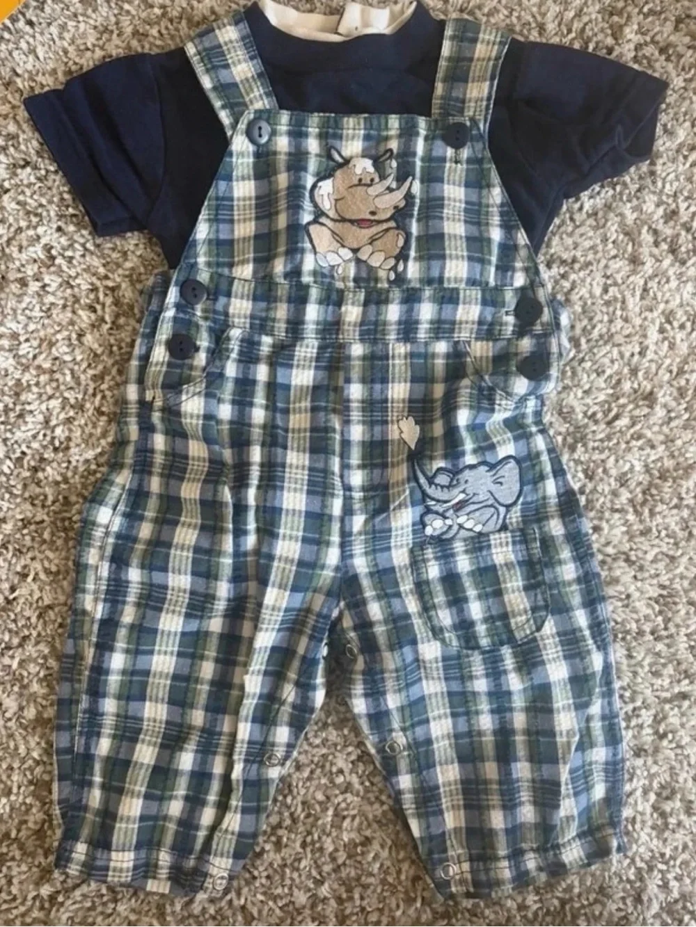 Vintage Blue Plaid Baby Overalls with Navy Tee - Elephant & Rhino Embroidery